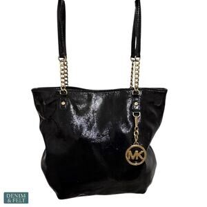 Michael Kors Black Patent Leather Tote Bag Gold Chain Shoulder Straps Large